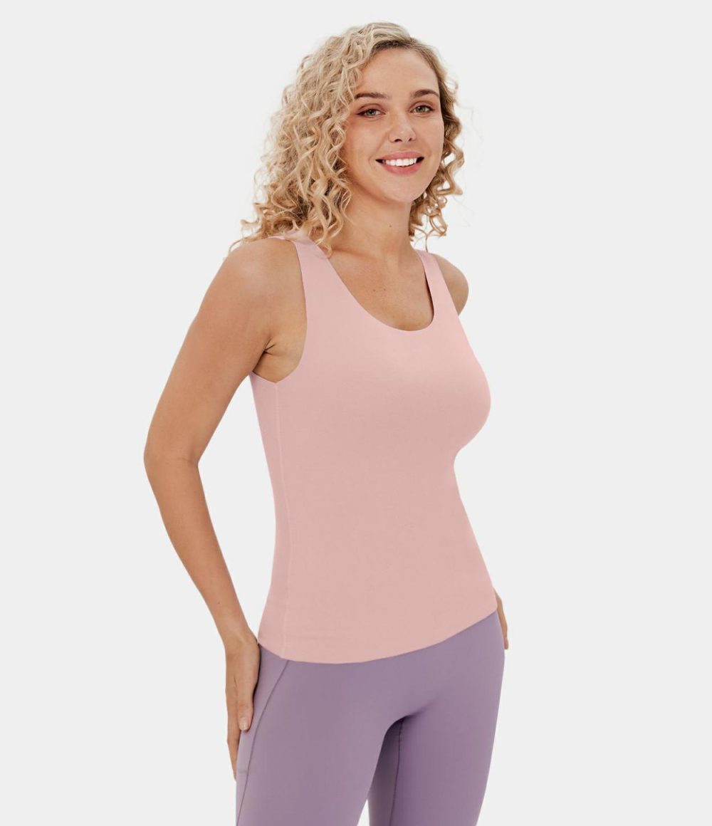 U Neck Raw Hem Fleece Casual Tank Top  | Womens  T-Shirts Clothing Coral Blush/Dry Rose