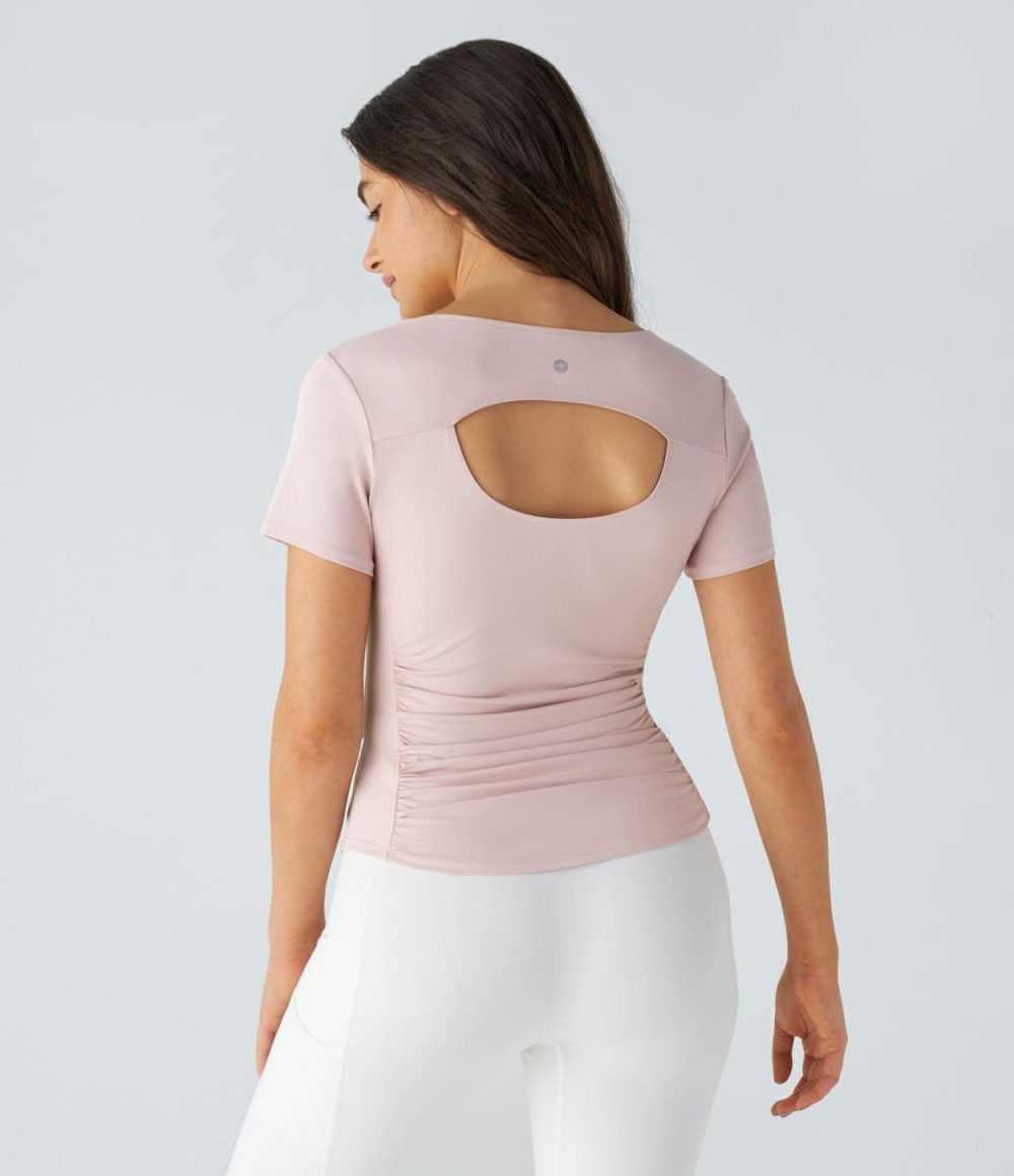 U Neck Short Sleeve Backless Cut Out Ruched Curved Hem Yoga Sports Top  | Womens  Sports Tops Clothing Black/Pale Lilac