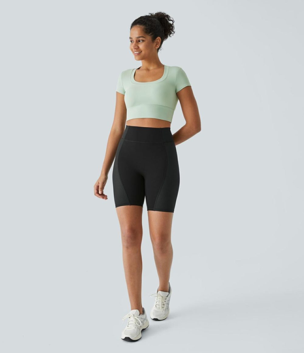 U Neck Short Sleeve Teardrop Cut Out Cropped Yoga Sports Top  | Womens  Sports Tops Clothing Light Bean Green/Black