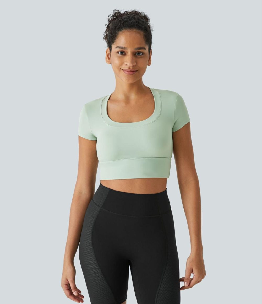 U Neck Short Sleeve Teardrop Cut Out Cropped Yoga Sports Top  | Womens  Sports Tops Clothing Light Bean Green/Black