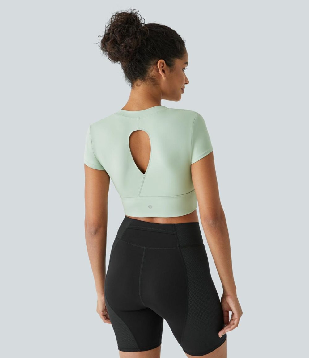 U Neck Short Sleeve Teardrop Cut Out Cropped Yoga Sports Top  | Womens  Sports Tops Clothing Light Bean Green/Black