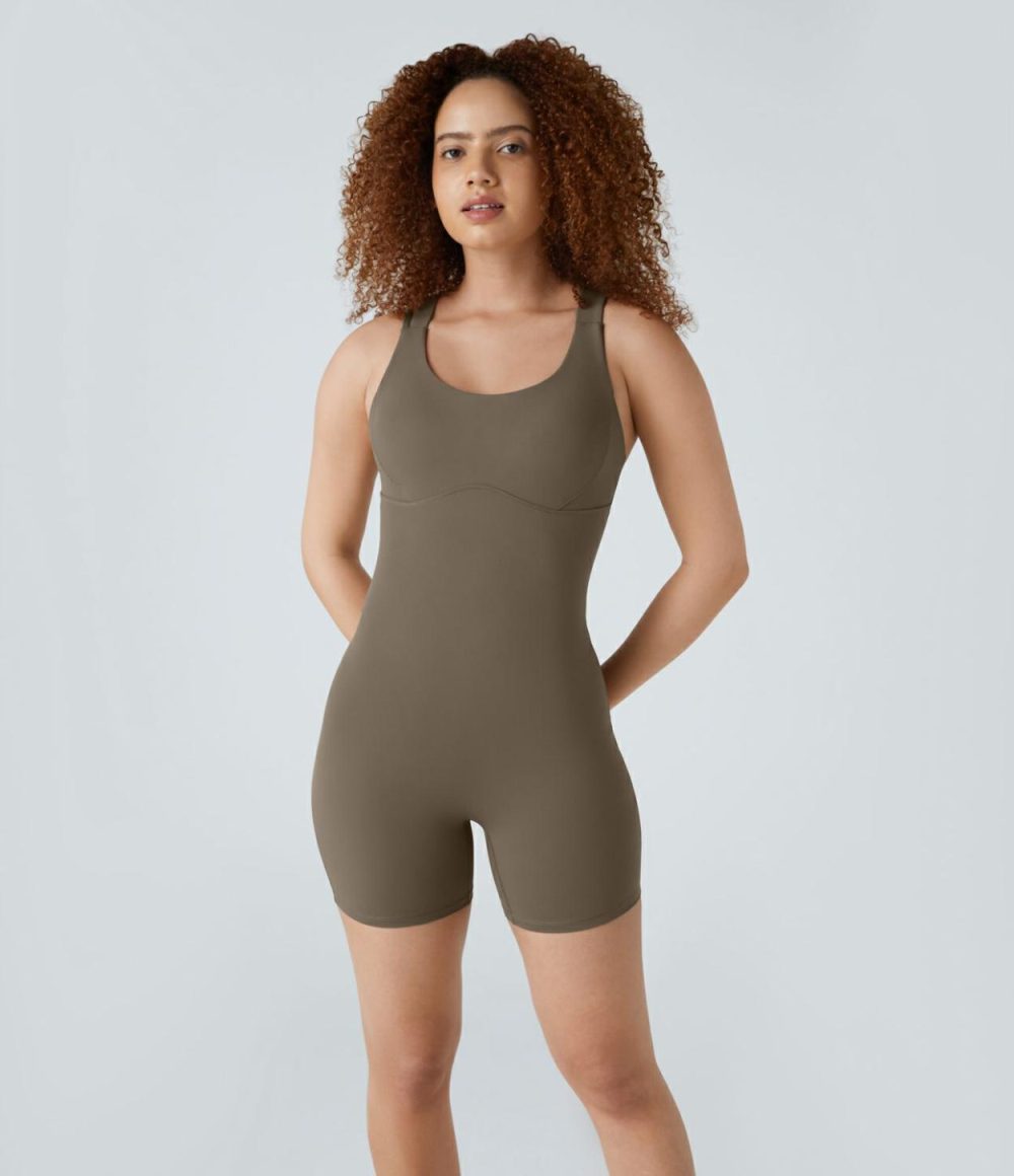 UltraSculpt Backless Crisscross U Neck Skinny Yoga Romper  | Womens  Rompers Clothing Dawn Brown/Black