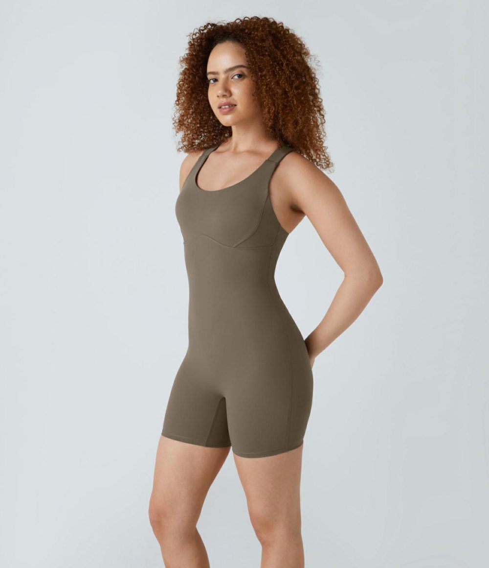 UltraSculpt Backless Crisscross U Neck Skinny Yoga Romper  | Womens  Rompers Clothing Dawn Brown/Black