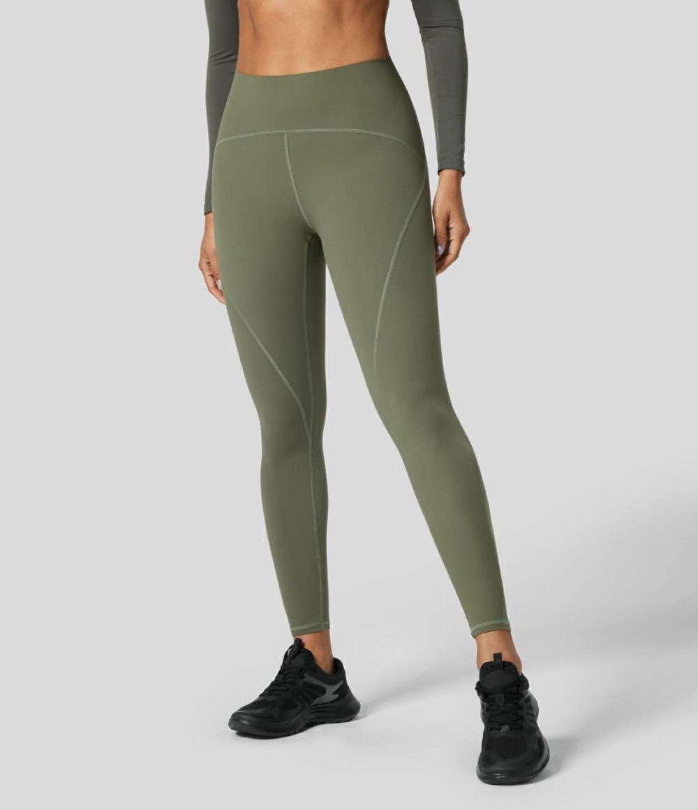 UltraSculpt High Waisted Anti-slip Tummy Control Top-stitching Training 7/8 Leggings  | Womens  Training Leggings Clothing Grass Grey Green/Black