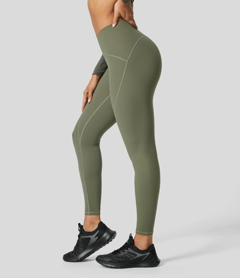 UltraSculpt High Waisted Anti-slip Tummy Control Top-stitching Training 7/8 Leggings  | Womens  Training Leggings Clothing Grass Grey Green/Black