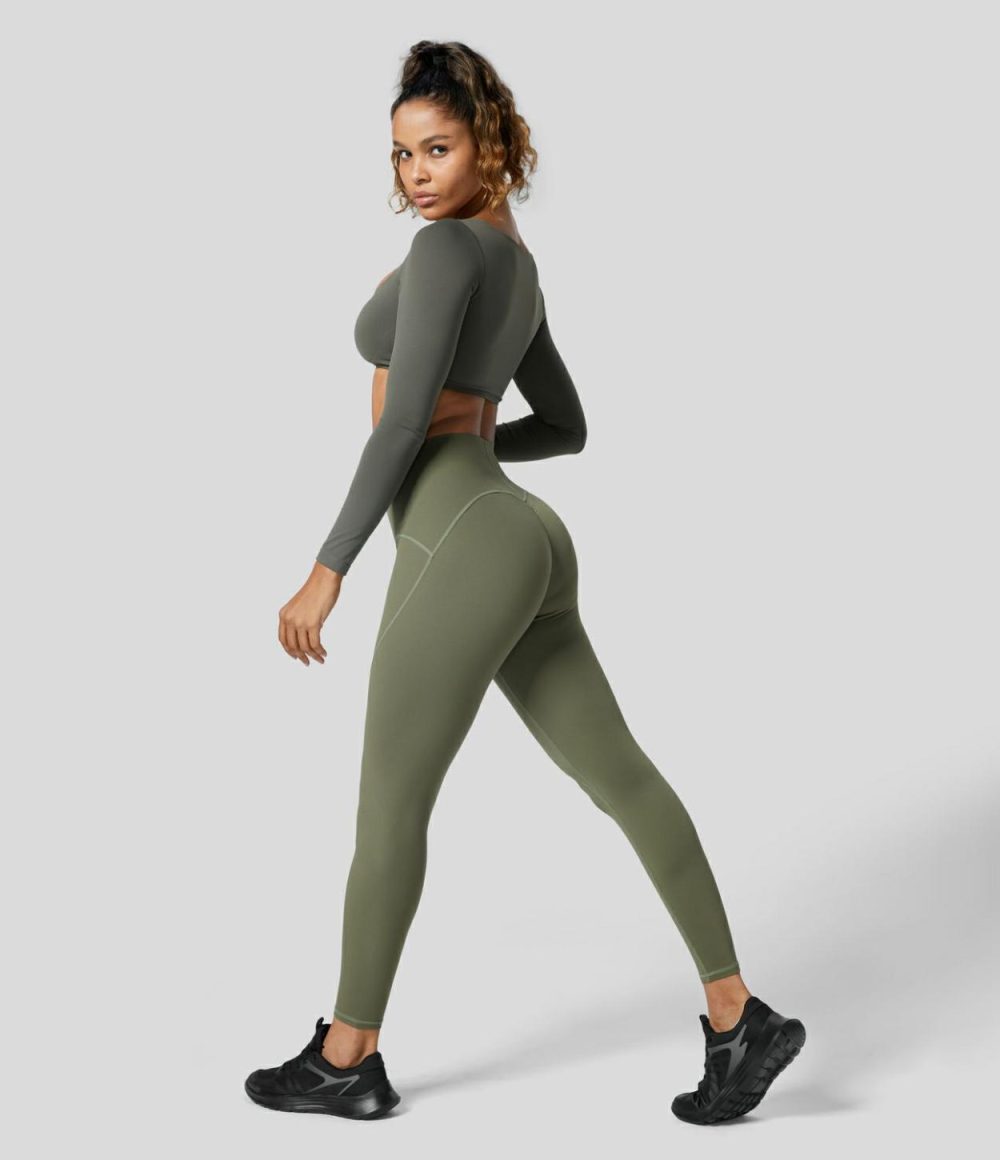 UltraSculpt High Waisted Anti-slip Tummy Control Top-stitching Training 7/8 Leggings  | Womens  Training Leggings Clothing Grass Grey Green/Black