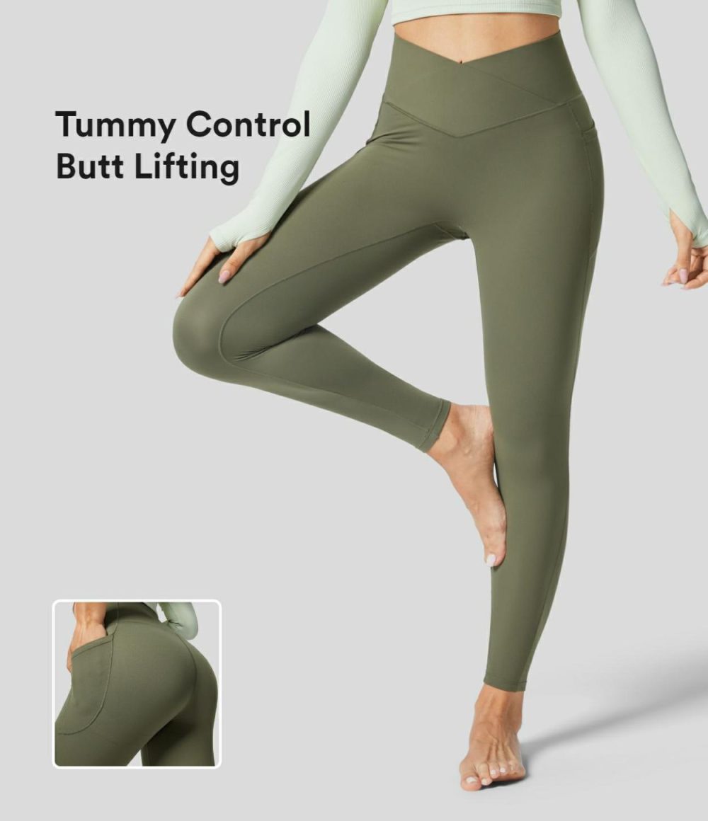 UltraSculpt High Waisted Crossover Tummy Control Butt Lifting Side Pocket Yoga 7/8 Leggings  | Womens  Crossover Leggings Clothing Crossover Leggings