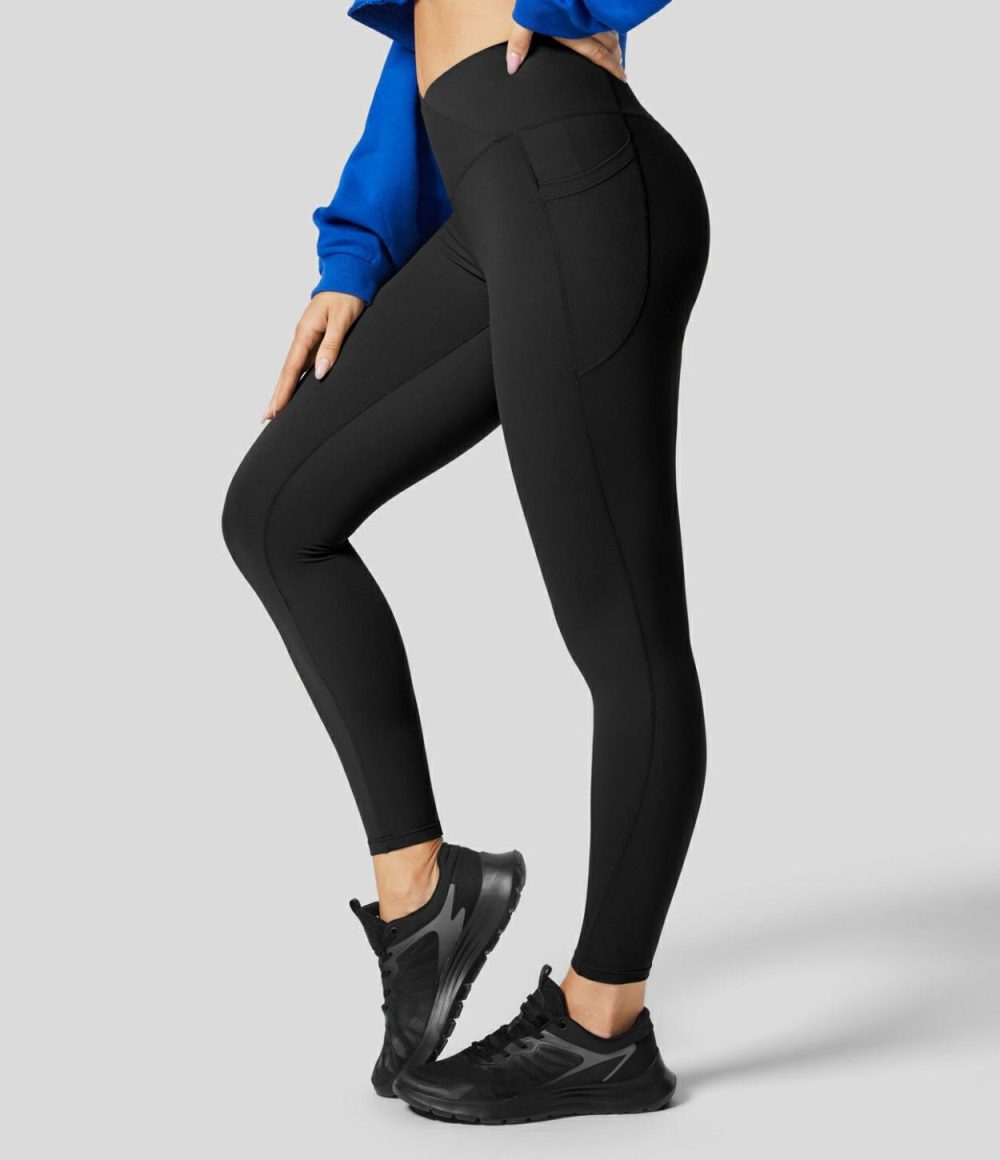 UltraSculpt High Waisted Crossover Tummy Control Butt Lifting Side Pocket Yoga 7/8 Leggings  | Womens  Crossover Leggings Clothing Crossover Leggings