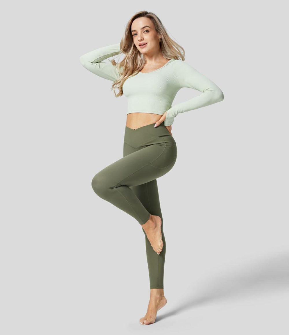 UltraSculpt High Waisted Crossover Tummy Control Butt Lifting Side Pocket Yoga 7/8 Leggings  | Womens  Crossover Leggings Clothing Crossover Leggings