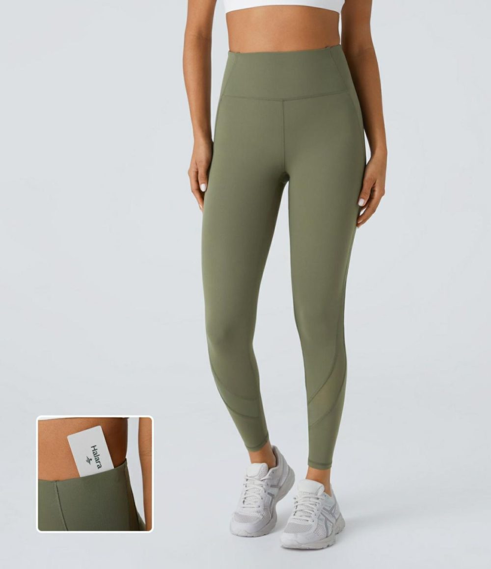 UltraSculpt High Waisted Side Pocket Contrast Mesh Yoga 7/8 Leggings  | Womens  Pocket Leggings Clothing Grass Grey Green