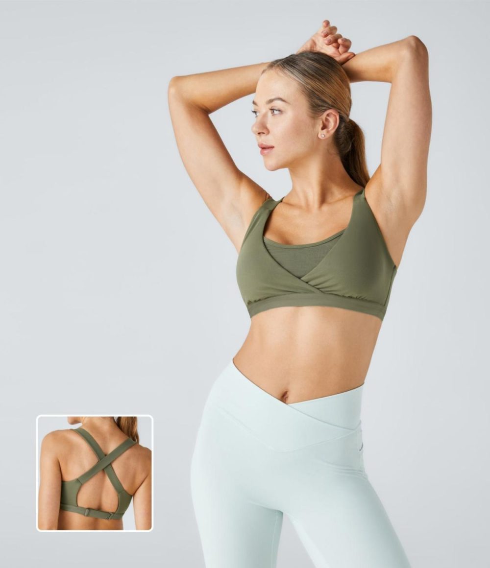 UltraSculpt Low Support Backless Crisscross Adjustable Buckle Crossover Contrast Mesh Nursing Yoga Sports Bra  | Womens  Sports Bras Clothing Grass Grey Green/Black