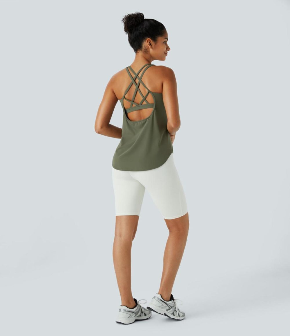 UltraSculpt U Neck Backless Crisscross Curved Hem Running Tank Top  | Womens  Curved Hem Tops Clothing Black/Grass Grey Green