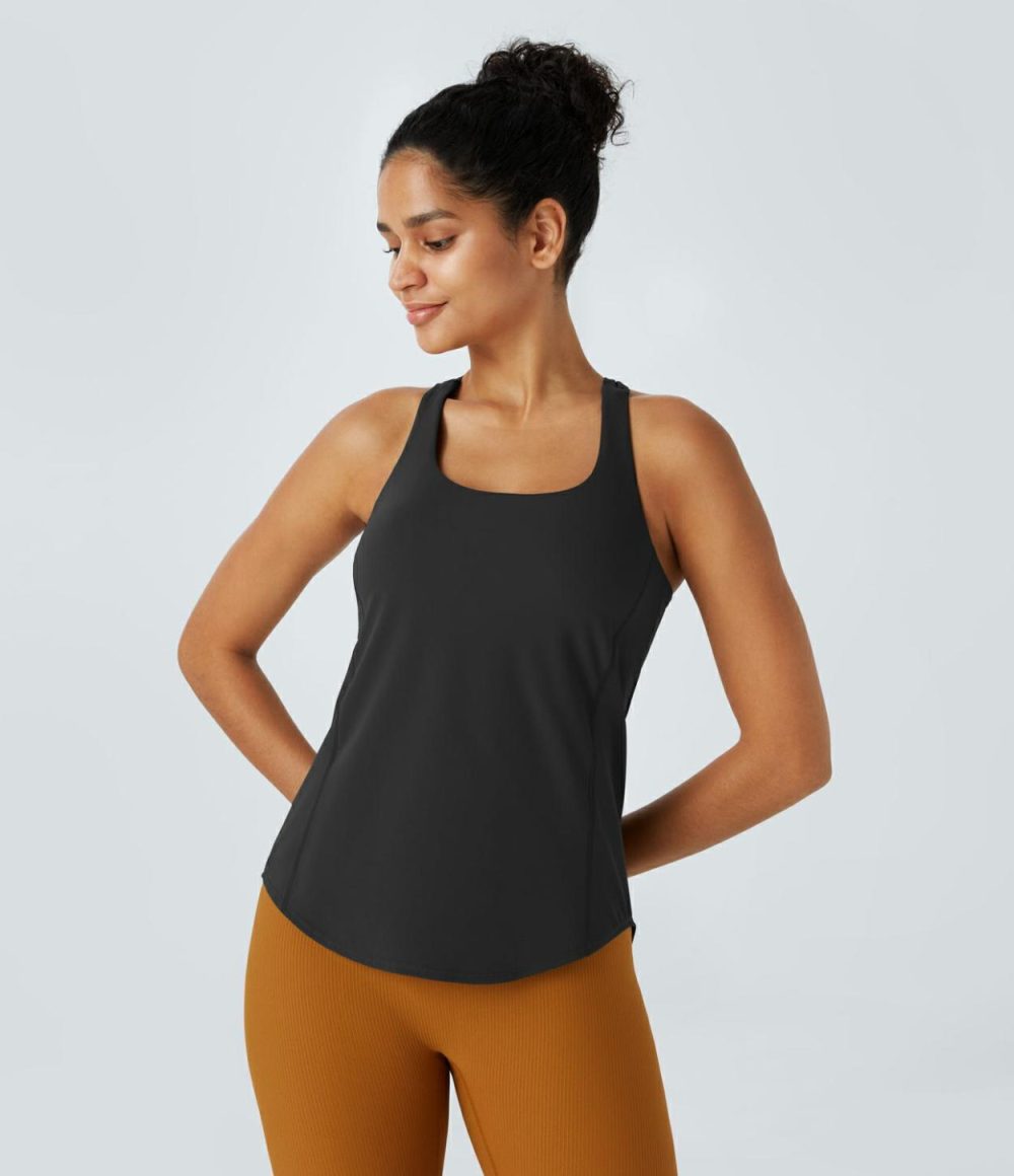 UltraSculpt U Neck Backless Crisscross Curved Hem Running Tank Top  | Womens  Curved Hem Tops Clothing Black/Grass Grey Green