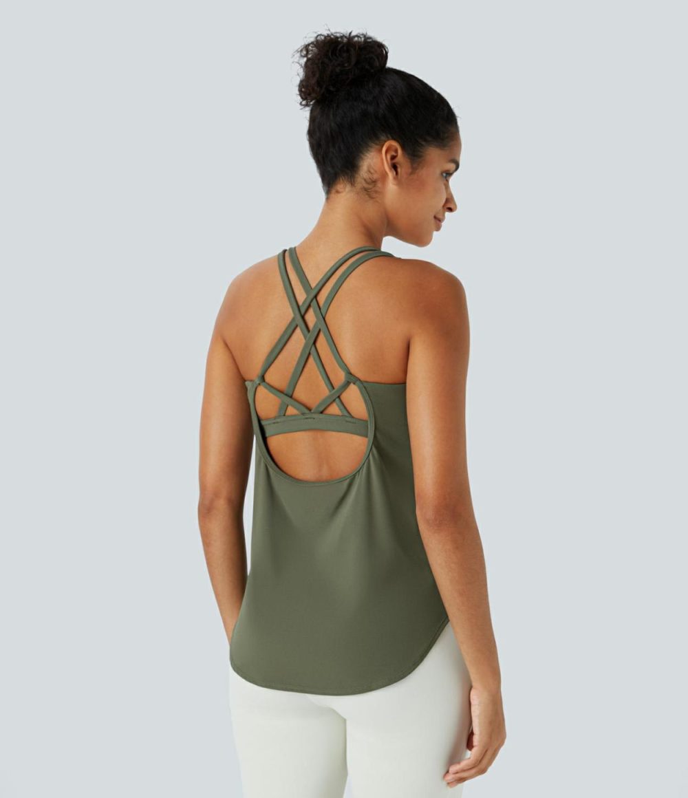 UltraSculpt U Neck Backless Crisscross Curved Hem Running Tank Top  | Womens  Curved Hem Tops Clothing Black/Grass Grey Green