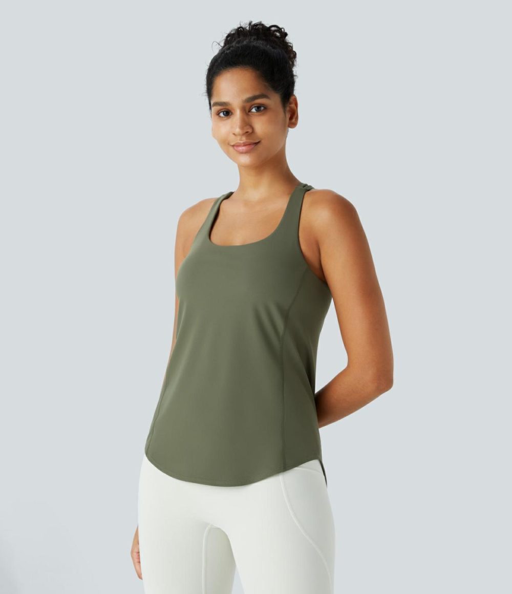 UltraSculpt U Neck Backless Crisscross Curved Hem Running Tank Top  | Womens  Curved Hem Tops Clothing Black/Grass Grey Green