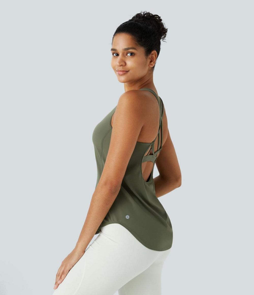 UltraSculpt U Neck Backless Crisscross Curved Hem Running Tank Top  | Womens  Curved Hem Tops Clothing Black/Grass Grey Green