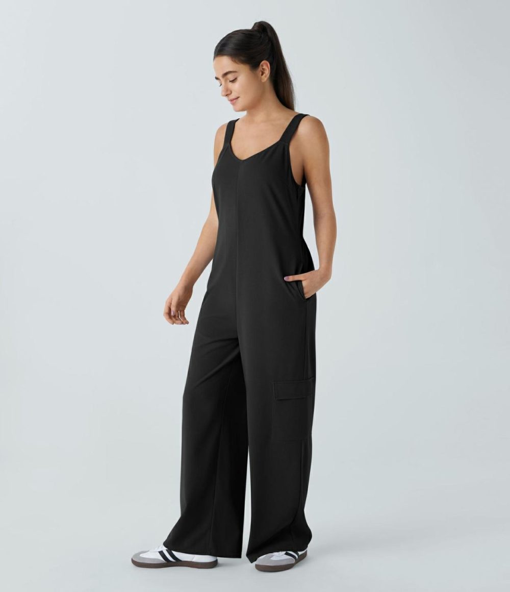 V Neck Adjustable Strap Backless Multiple Pockets Waffle Casual Cargo Jumpsuit  | Womens  Cargo Pants Cargo Pants Cargo Pants