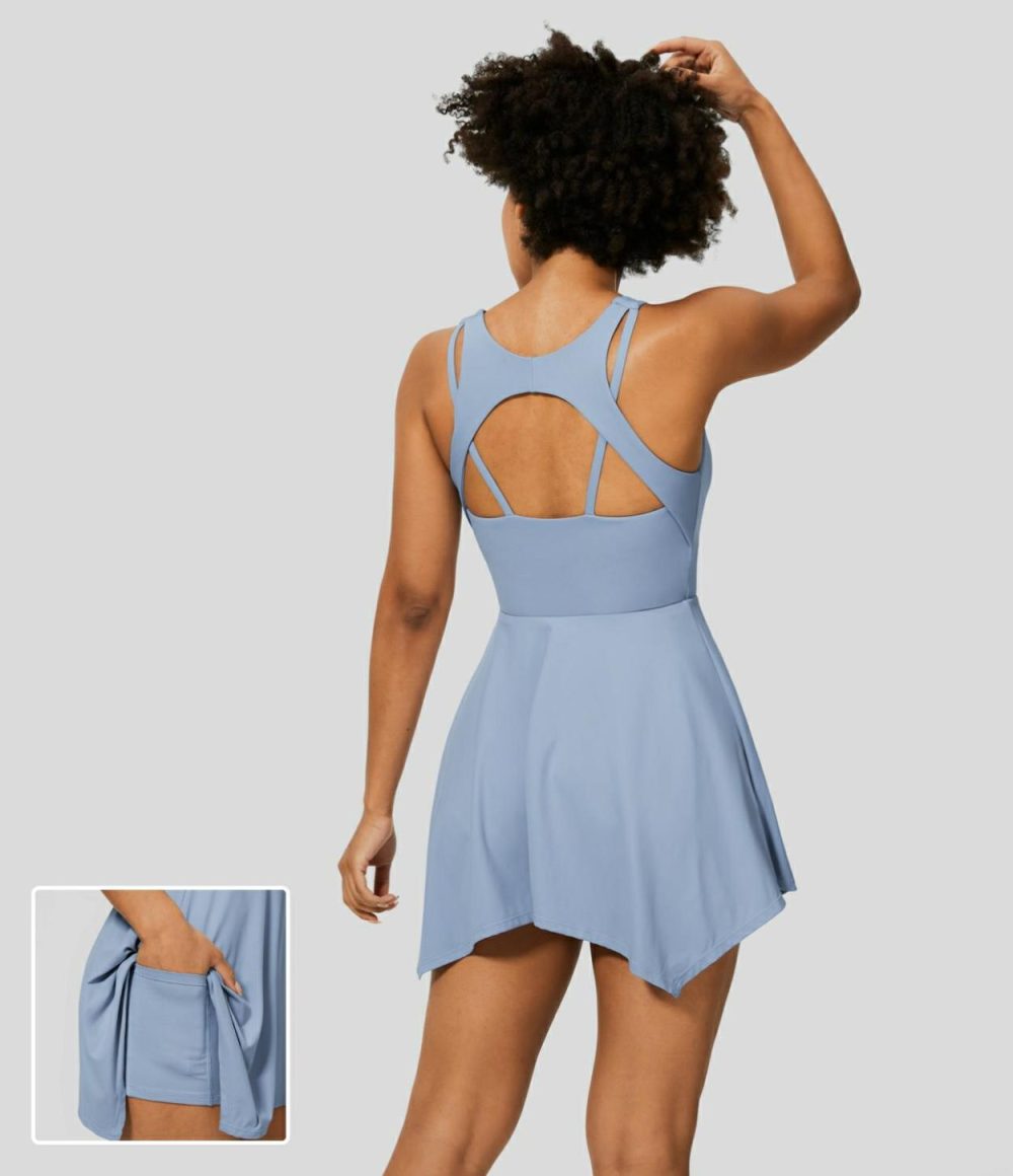 V Neck Backless 2-in-1 Side Pocket Flowy Mini Tennis Active Dress  | Womens  Active Dresses Active Dresses Active Dresses