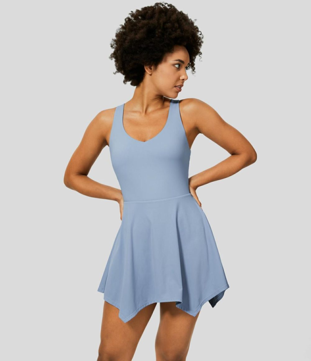 V Neck Backless 2-in-1 Side Pocket Flowy Mini Tennis Active Dress  | Womens  Active Dresses Active Dresses Active Dresses