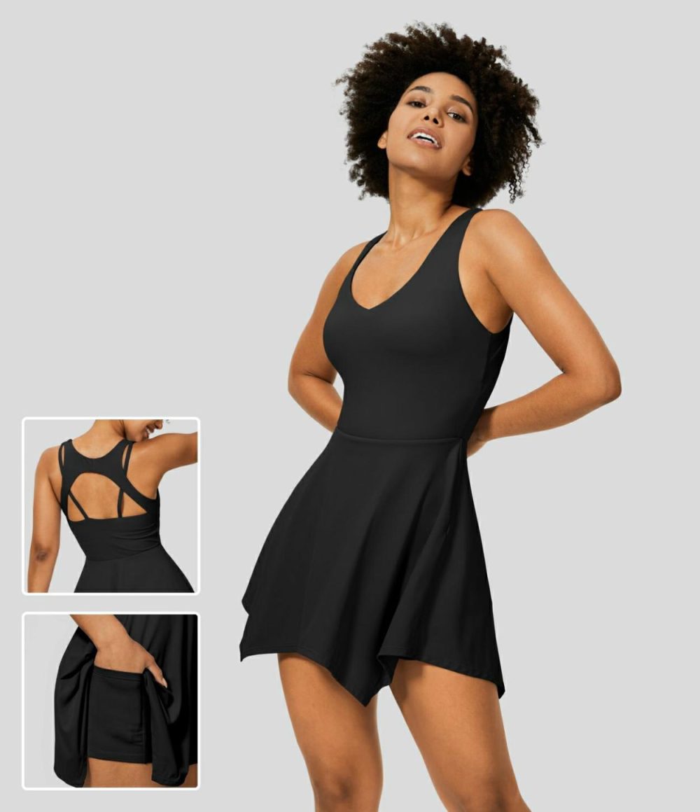 V Neck Backless 2-in-1 Side Pocket Flowy Mini Tennis Active Dress  | Womens  Active Dresses Active Dresses Active Dresses