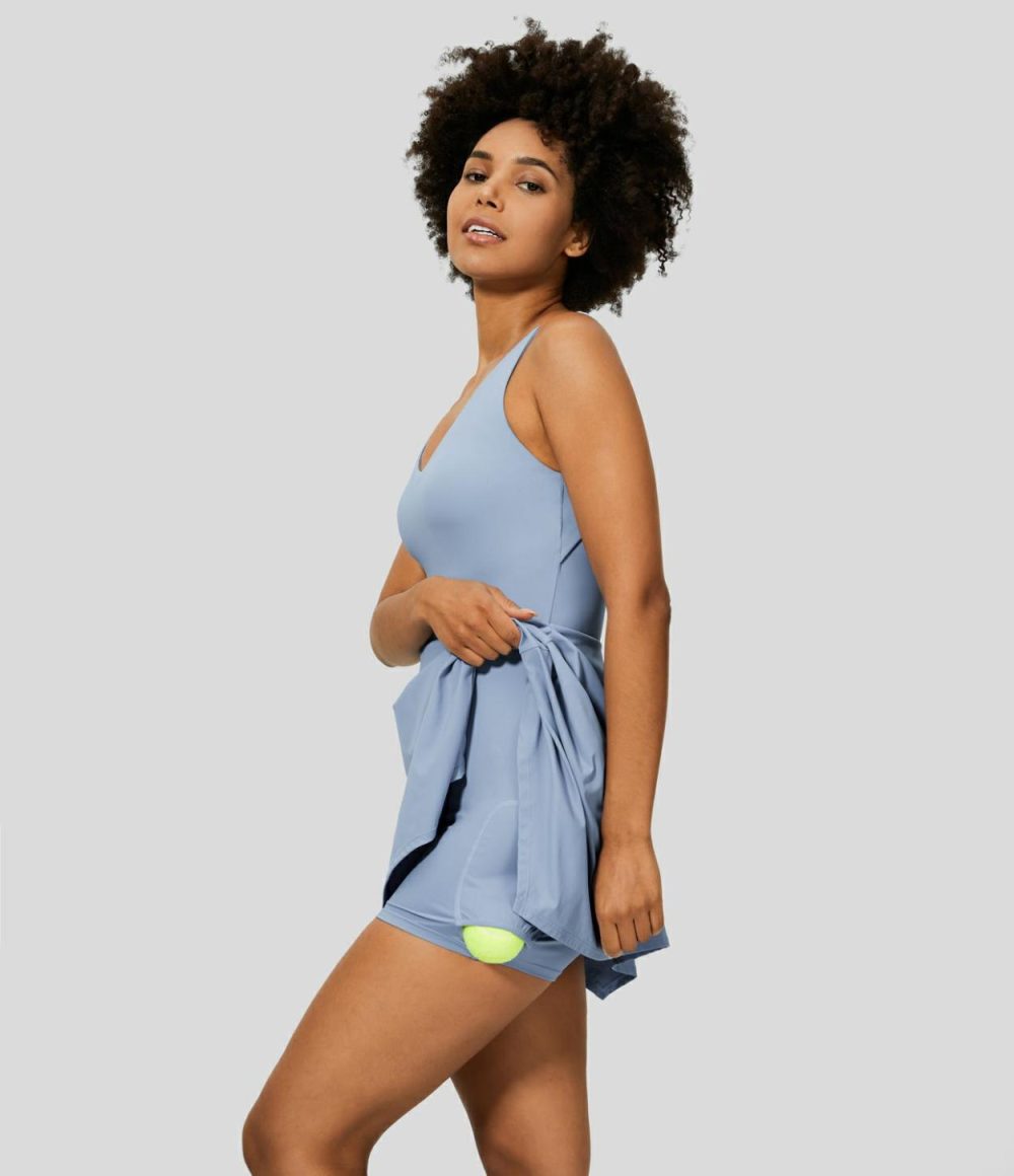 V Neck Backless 2-in-1 Side Pocket Flowy Mini Tennis Active Dress  | Womens  Active Dresses Active Dresses Active Dresses