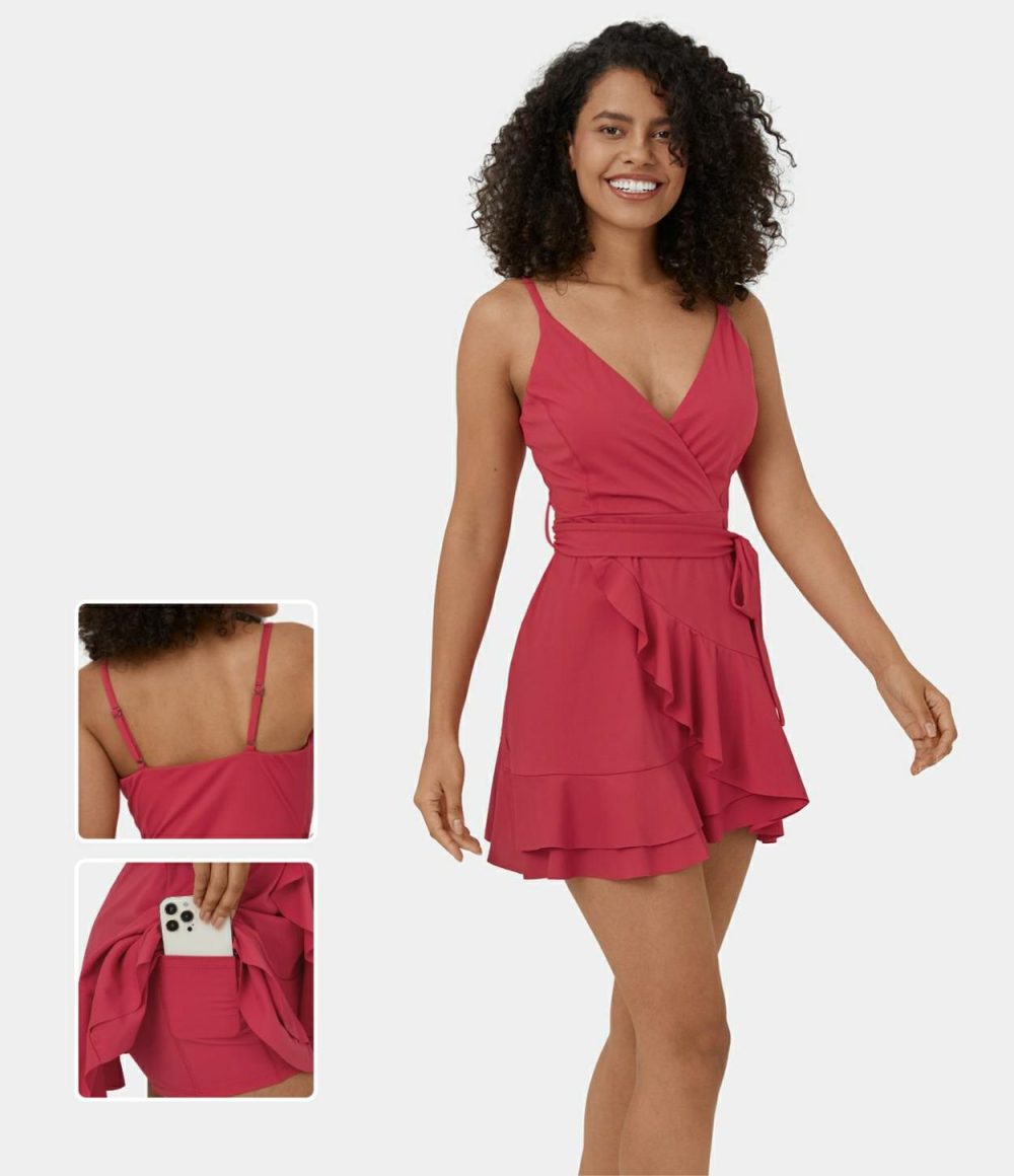 V Neck Backless Adjustable Strap Tie Side Ruffle 2-Piece Side Pocket Flowy Mini Casual Dress  | Womens  Mini Dresses Clothing Mini Dresses