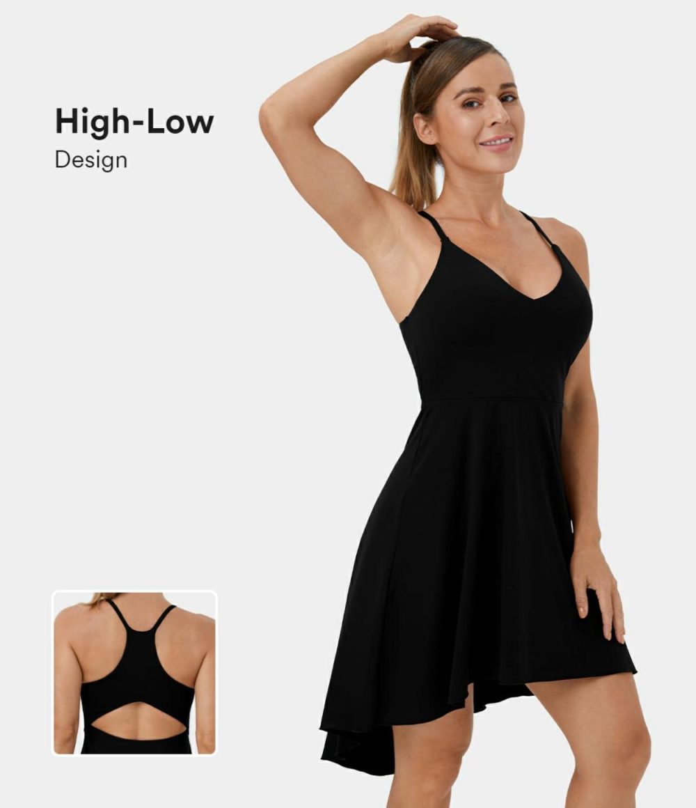 V Neck Backless Racerback Cut Out High Low Slip Dance Active Dress  | Womens  Active Dresses Active Dresses Active Dresses