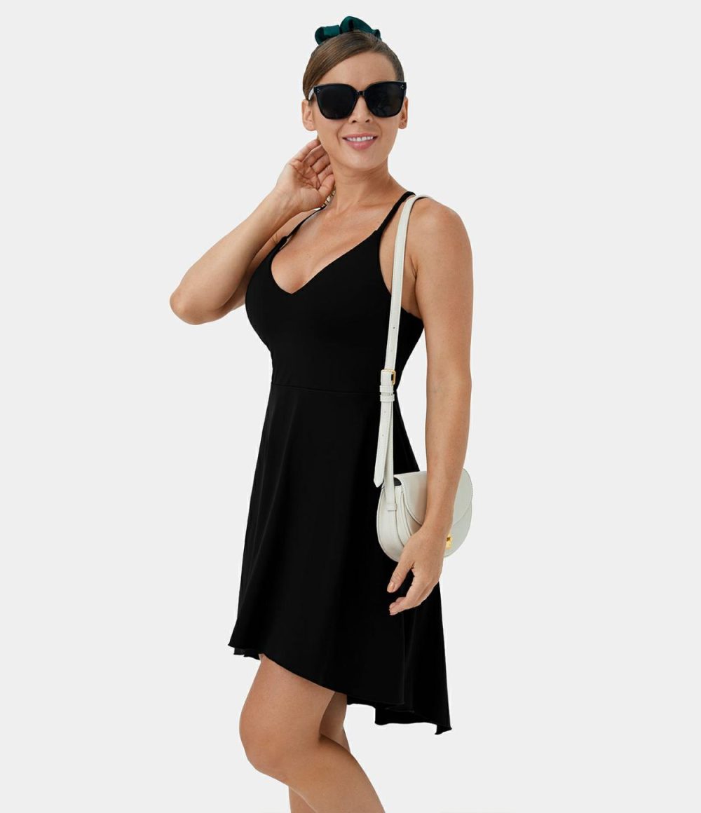 V Neck Backless Racerback Cut Out High Low Slip Dance Active Dress  | Womens  Active Dresses Active Dresses Active Dresses