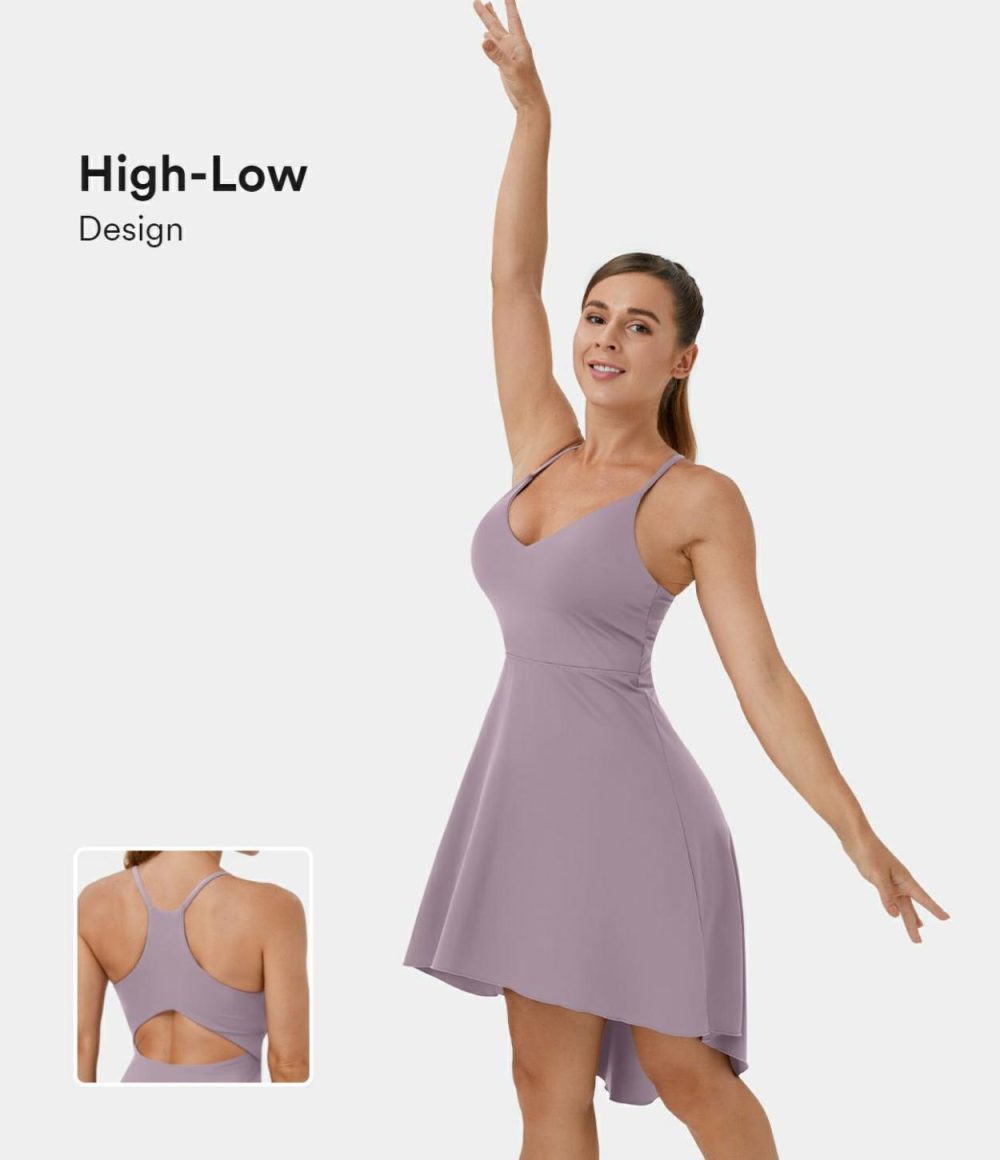 V Neck Backless Racerback Cut Out High Low Slip Dance Active Dress  | Womens  Active Dresses Active Dresses Active Dresses