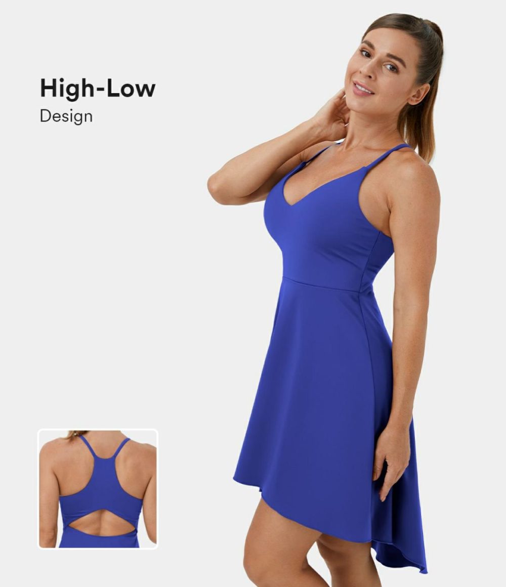 V Neck Backless Racerback Cut Out High Low Slip Dance Active Dress  | Womens  Active Dresses Active Dresses Active Dresses