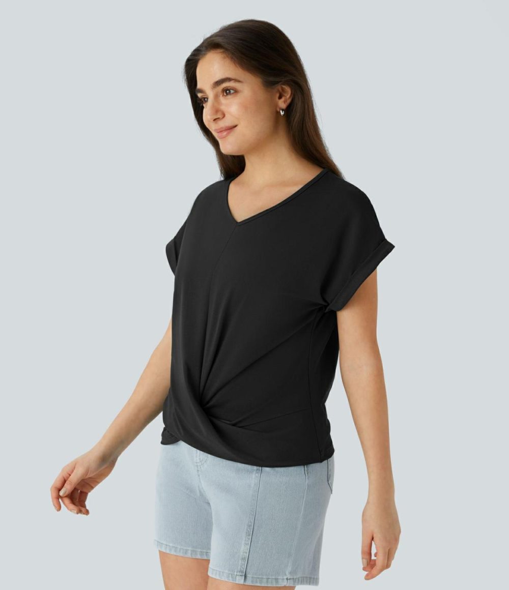 V Neck Batwing Sleeve Twisted Hem Casual Blouse  | Womens  T-Shirts Clothing Evergreen/Black