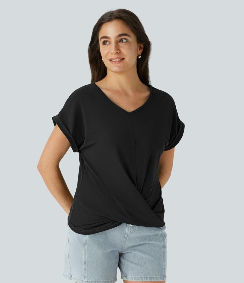 V Neck Batwing Sleeve Twisted Hem Casual Blouse  | Womens  T-Shirts Clothing Evergreen/Black