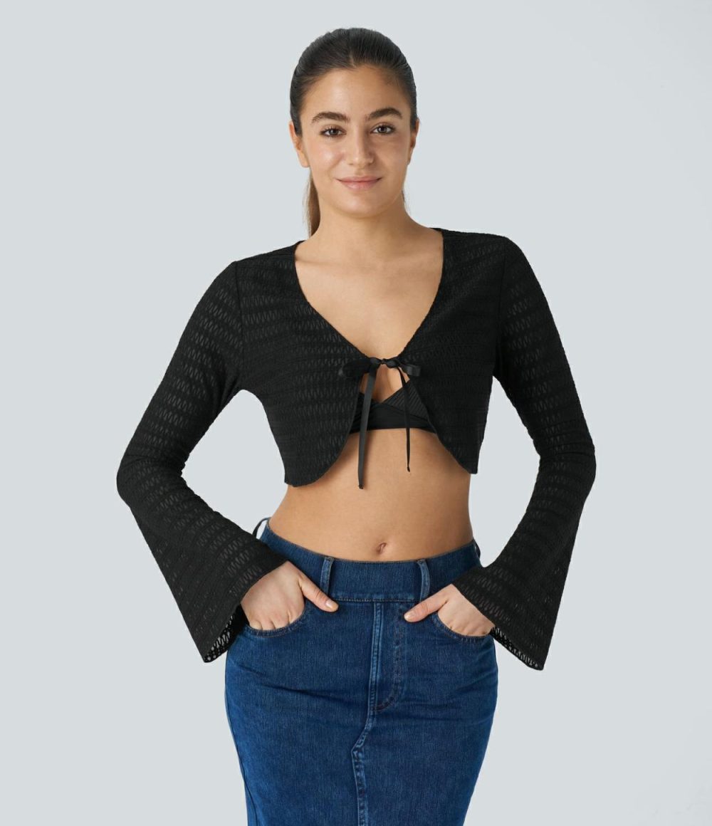 V Neck Bell Sleeve Tie Front Cropped Casual Cardigan  | Womens  Cropped Tops Clothing Billowing Sail/Black