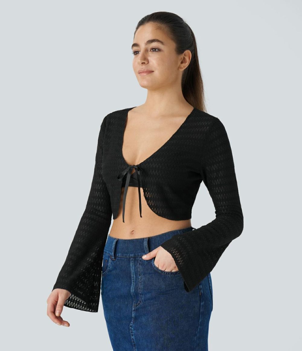 V Neck Bell Sleeve Tie Front Cropped Casual Cardigan  | Womens  Cropped Tops Clothing Billowing Sail/Black