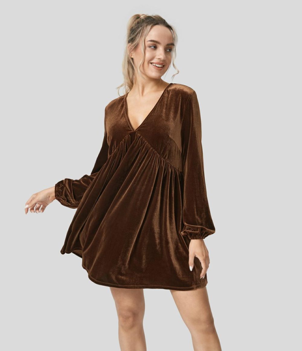 V Neck Bishop Sleeve Plicated Hem Velvet Mini Casual Dress  | Womens  Mini Dresses Clothing Mini Dresses