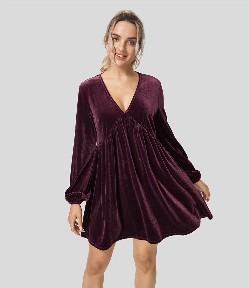 V Neck Bishop Sleeve Plicated Hem Velvet Mini Casual Dress  | Womens  Mini Dresses Clothing Mini Dresses