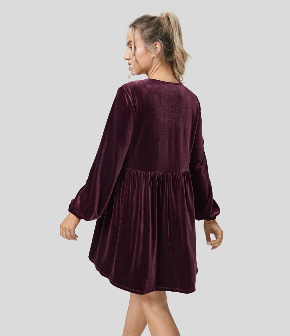 V Neck Bishop Sleeve Plicated Hem Velvet Mini Casual Dress  | Womens  Mini Dresses Clothing Mini Dresses