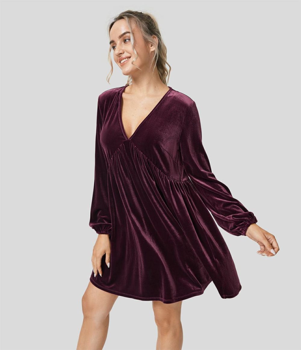 V Neck Bishop Sleeve Plicated Hem Velvet Mini Casual Dress  | Womens  Mini Dresses Clothing Mini Dresses