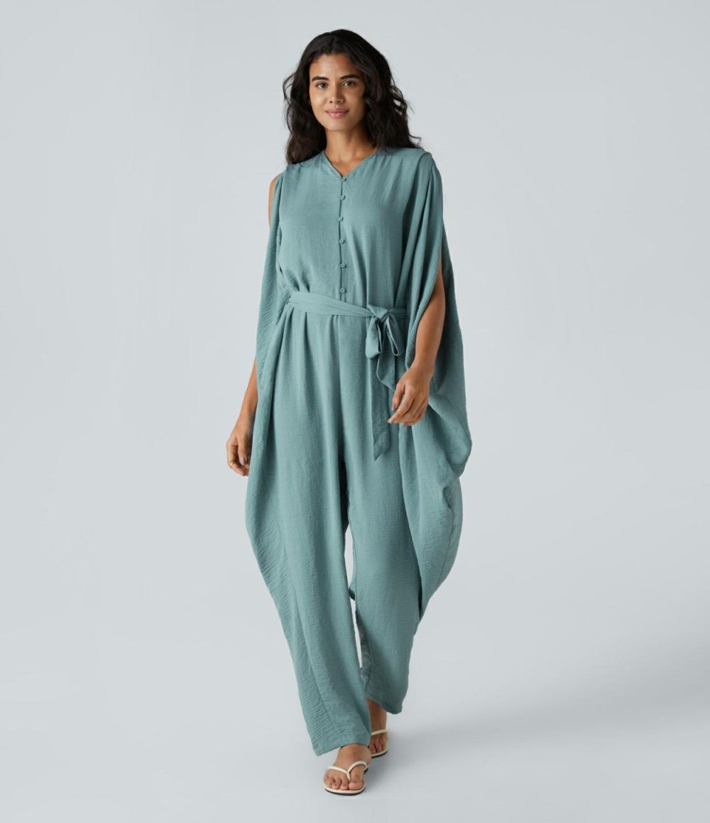 V Neck Button Belted Side Pocket Draped Oversize Casual Linen-Feel Jumpsuit  | Womens  Dressey Jumpsuits Clothing Dressey Jumpsuits