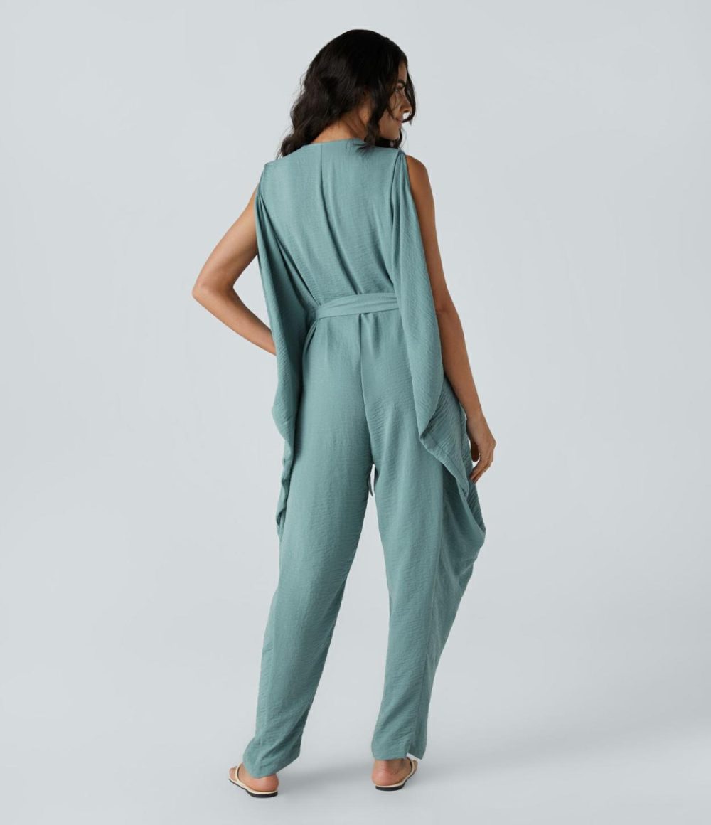 V Neck Button Belted Side Pocket Draped Oversize Casual Linen-Feel Jumpsuit  | Womens  Dressey Jumpsuits Clothing Dressey Jumpsuits