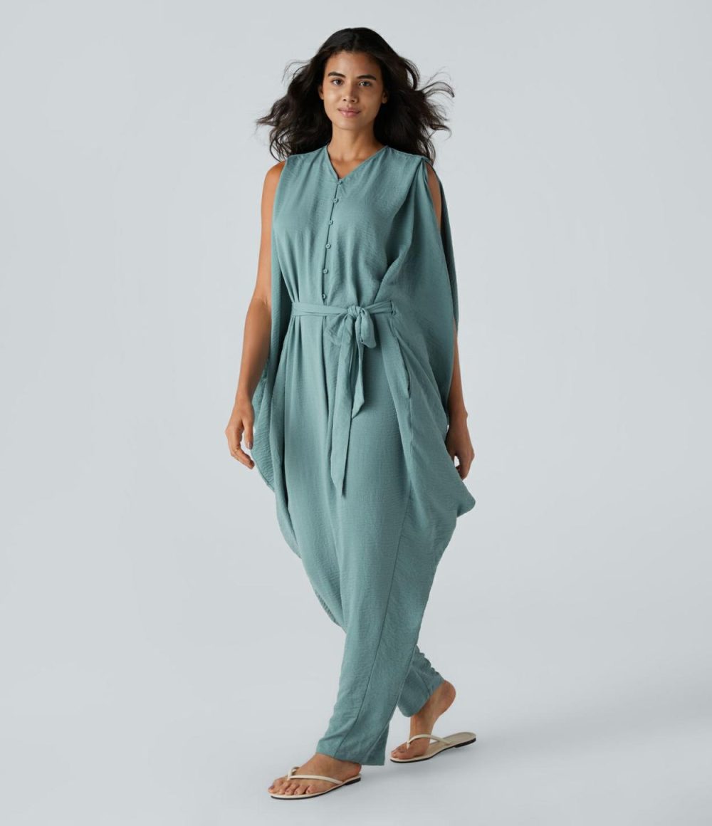 V Neck Button Belted Side Pocket Draped Oversize Casual Linen-Feel Jumpsuit  | Womens  Dressey Jumpsuits Clothing Dressey Jumpsuits