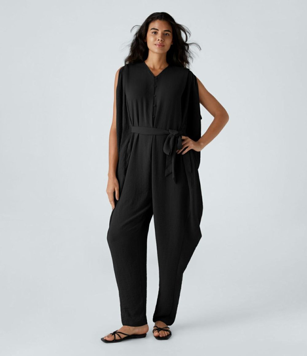 V Neck Button Belted Side Pocket Draped Oversize Casual Linen-Feel Jumpsuit  | Womens  Dressey Jumpsuits Clothing Dressey Jumpsuits