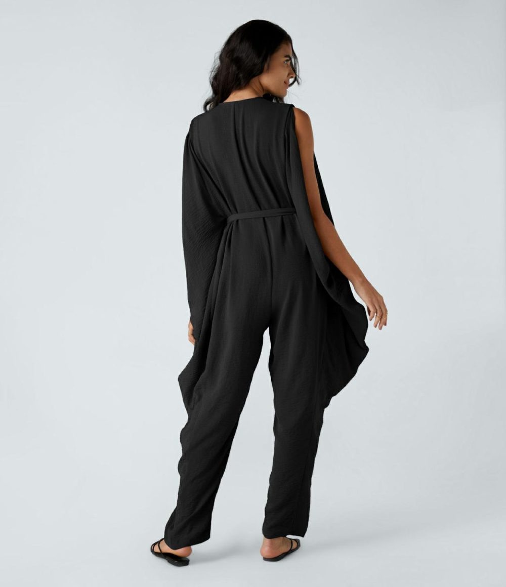 V Neck Button Belted Side Pocket Draped Oversize Casual Linen-Feel Jumpsuit  | Womens  Dressey Jumpsuits Clothing Dressey Jumpsuits