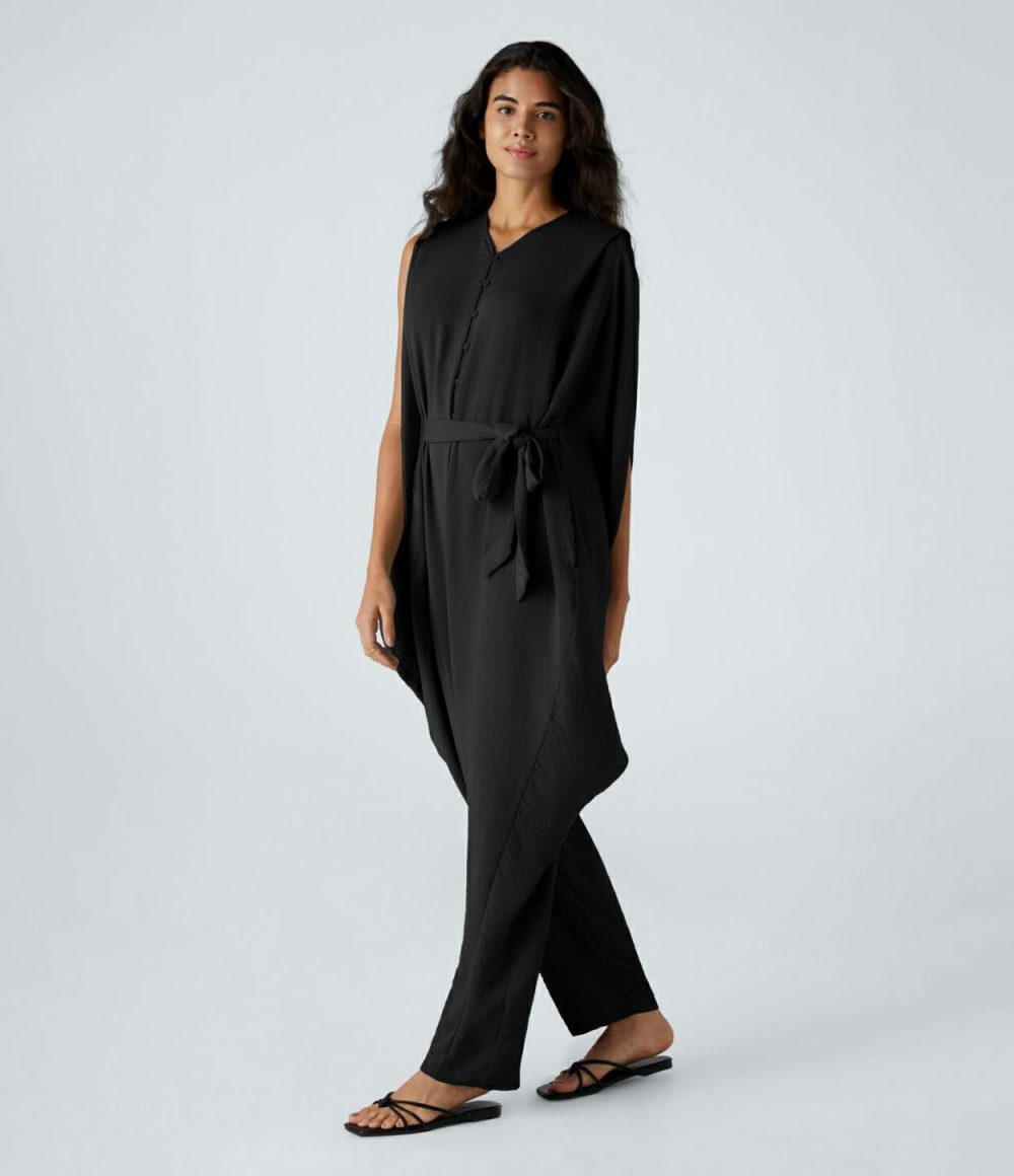 V Neck Button Belted Side Pocket Draped Oversize Casual Linen-Feel Jumpsuit  | Womens  Dressey Jumpsuits Clothing Dressey Jumpsuits