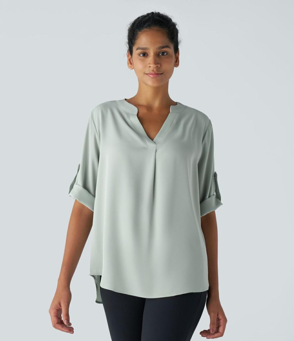 V Neck Button Three Quarter Sleeve Curved Hem Work Shirt  | Womens  T-Shirts Clothing Silt Green/Black