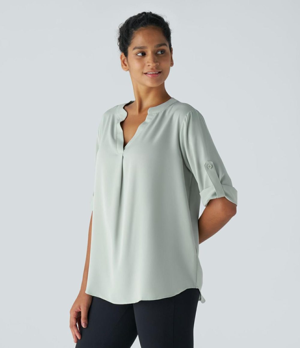 V Neck Button Three Quarter Sleeve Curved Hem Work Shirt  | Womens  T-Shirts Clothing Silt Green/Black