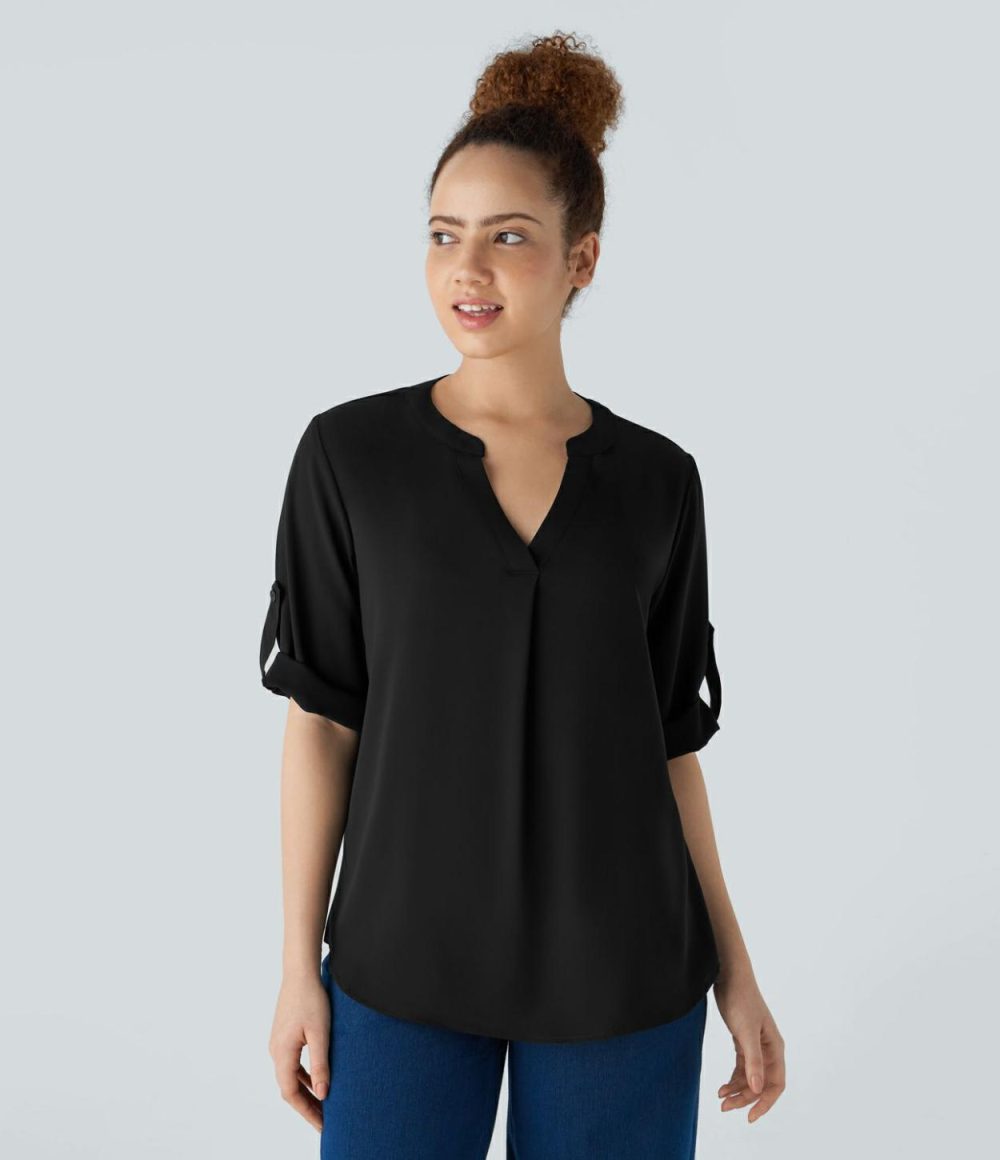 V Neck Button Three Quarter Sleeve Curved Hem Work Shirt  | Womens  T-Shirts Clothing Silt Green/Black