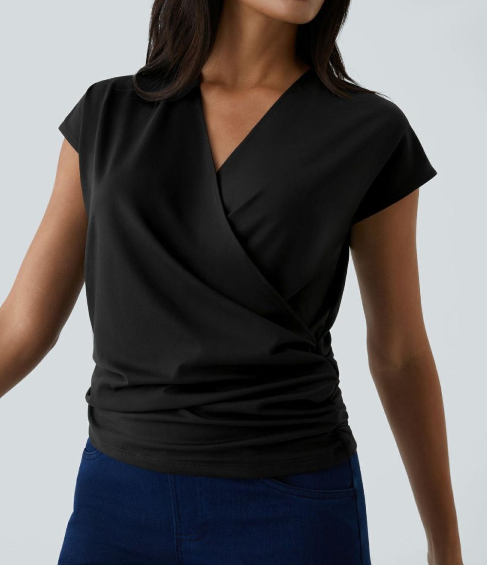 V Neck Cap Sleeve Crossover Ruched Solid Work Blouse  | Womens  T-Shirts Clothing Black/Dark Sapphire/Rain Forest/Delicioso/Innuendo/Camellia Rose/Vague Yellow/Emboldened/Angel Falls