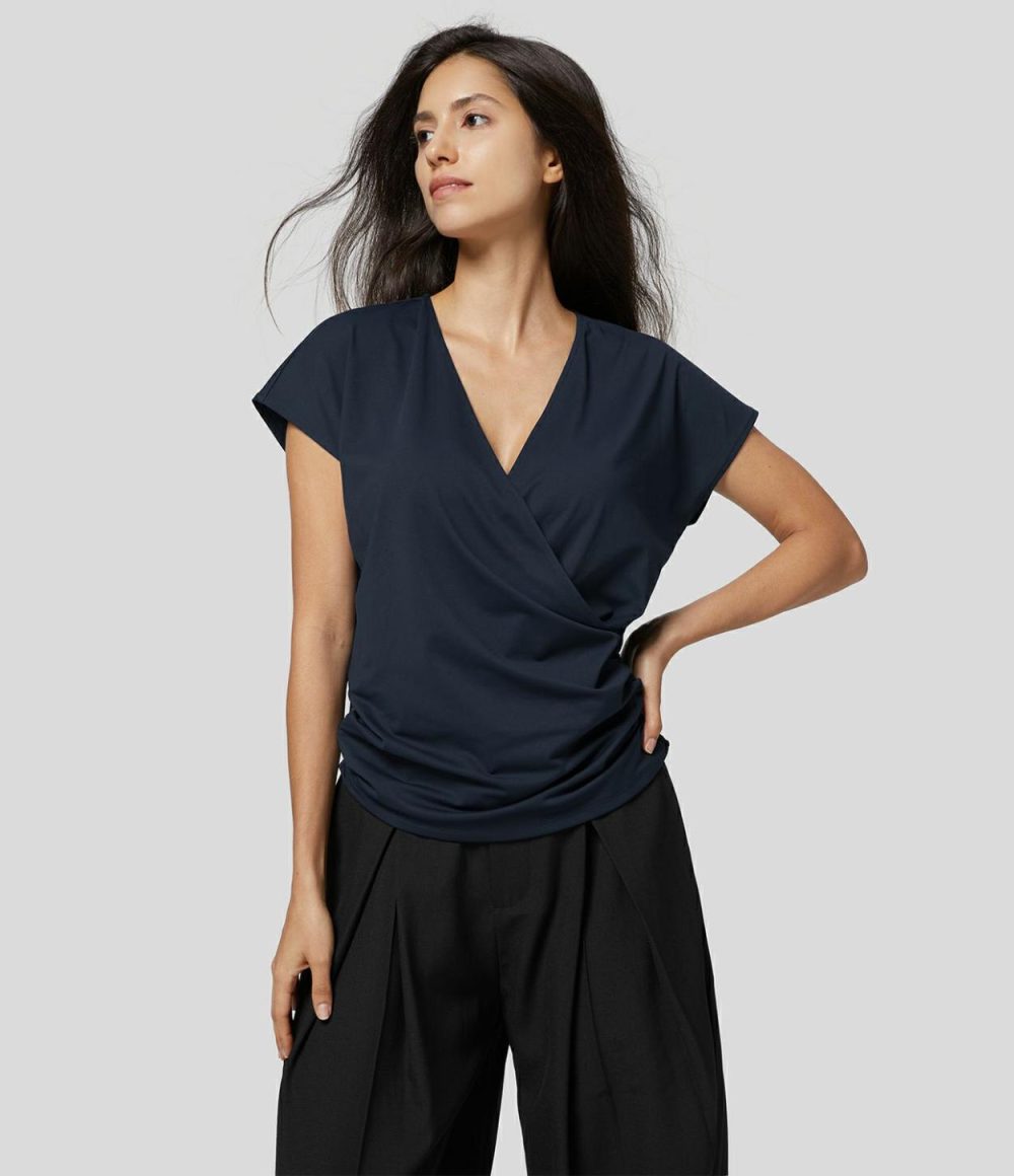 V Neck Cap Sleeve Crossover Ruched Solid Work Blouse  | Womens  T-Shirts Clothing Black/Dark Sapphire/Rain Forest/Delicioso/Innuendo/Camellia Rose/Vague Yellow/Emboldened/Angel Falls