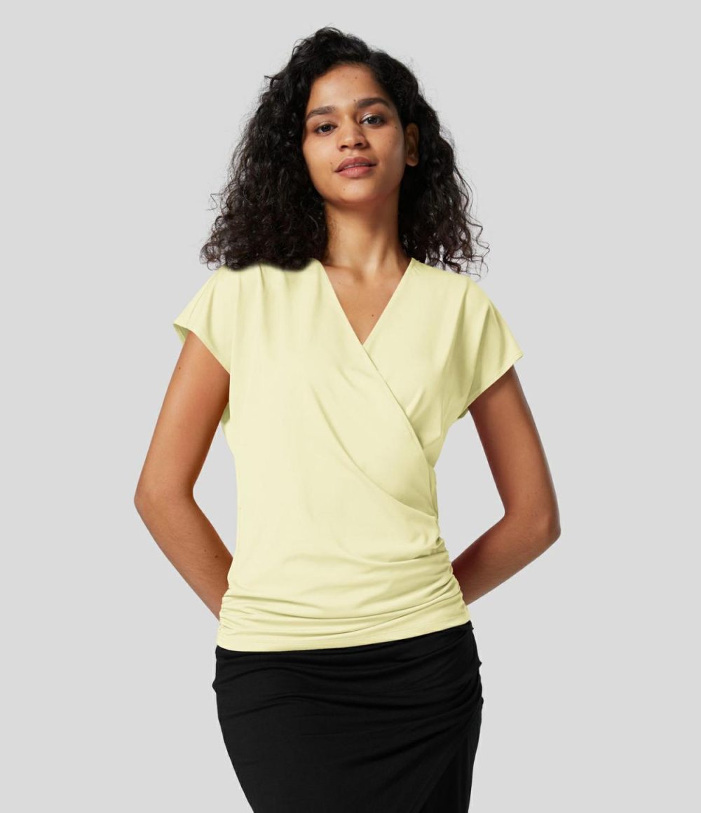 V Neck Cap Sleeve Crossover Ruched Solid Work Blouse  | Womens  T-Shirts Clothing Black/Dark Sapphire/Rain Forest/Delicioso/Innuendo/Camellia Rose/Vague Yellow/Emboldened/Angel Falls